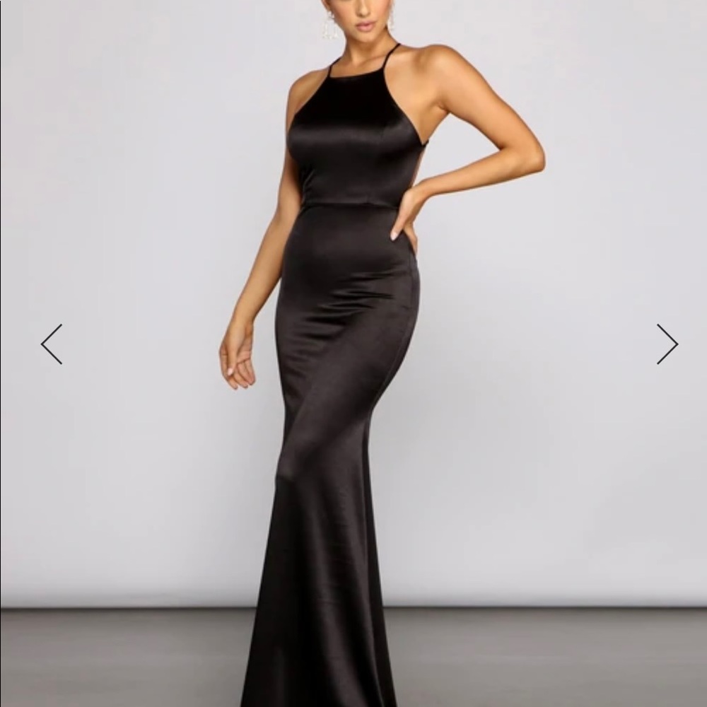 Black Halter, Open back Satin Evening Dress: Size S